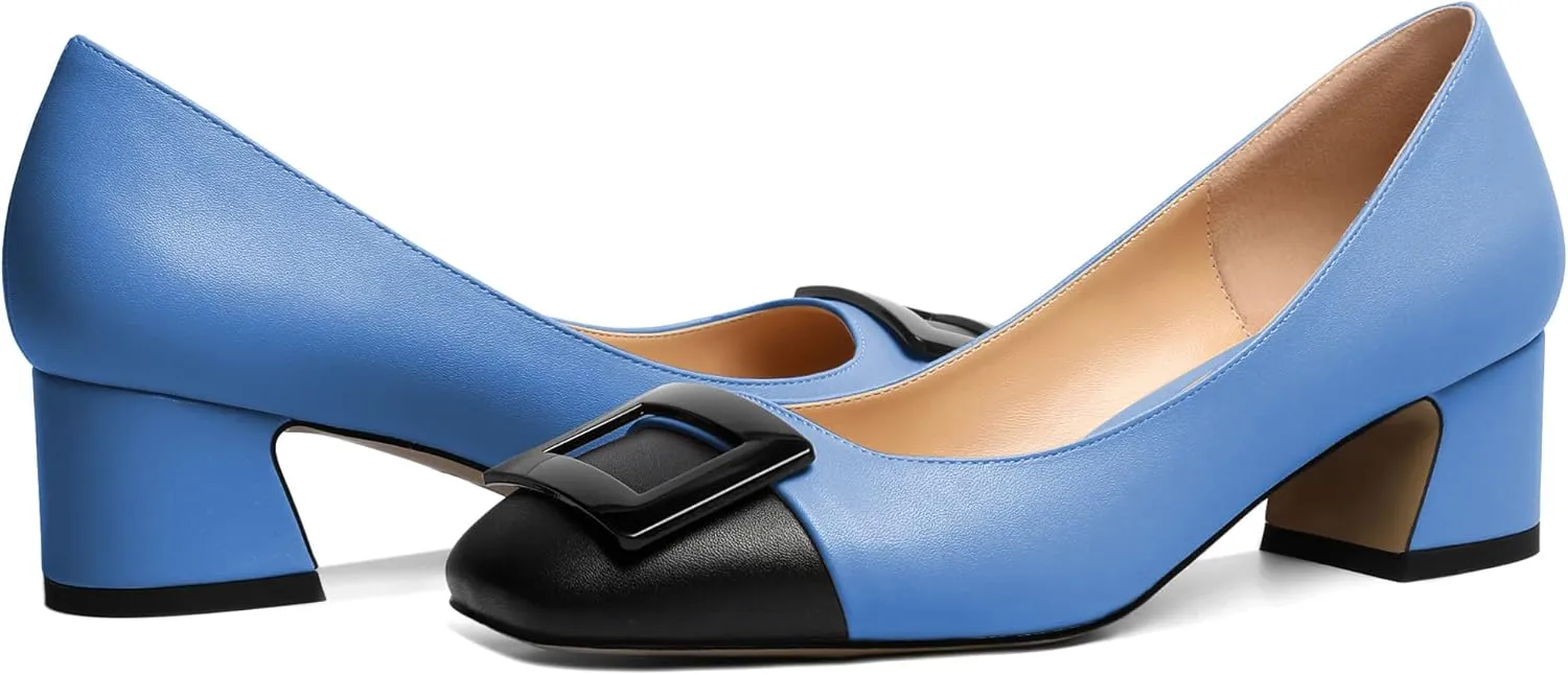 Zamikoo Women's Square Toe Block Heel Pumps with Buckle, Slip On Chunky Low Heels, Comfortable 2 Inch Heeled Dress Shoes with Checkered Pattern for Office Wedding Event