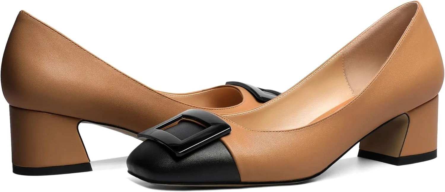 Zamikoo Women's Square Toe Block Heel Pumps with Buckle, Slip On Chunky Low Heels, Comfortable 2 Inch Heeled Dress Shoes with Checkered Pattern for Office Wedding Event