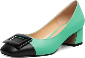 Zamikoo Women's Square Toe Block Heel Pumps with Buckle, Slip On Chunky Low Heels, Comfortable 2 Inch Heeled Dress Shoes with Checkered Pattern for Office Wedding Event
