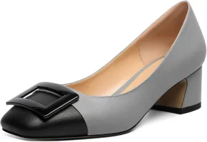 Zamikoo Women's Square Toe Block Heel Pumps with Buckle, Slip On Chunky Low Heels, Comfortable 2 Inch Heeled Dress Shoes with Checkered Pattern for Office Wedding Event