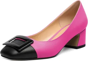 Zamikoo Women's Square Toe Block Heel Pumps with Buckle, Slip On Chunky Low Heels, Comfortable 2 Inch Heeled Dress Shoes with Checkered Pattern for Office Wedding Event