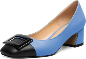 Zamikoo Women's Square Toe Block Heel Pumps with Buckle, Slip On Chunky Low Heels, Comfortable 2 Inch Heeled Dress Shoes with Checkered Pattern for Office Wedding Event