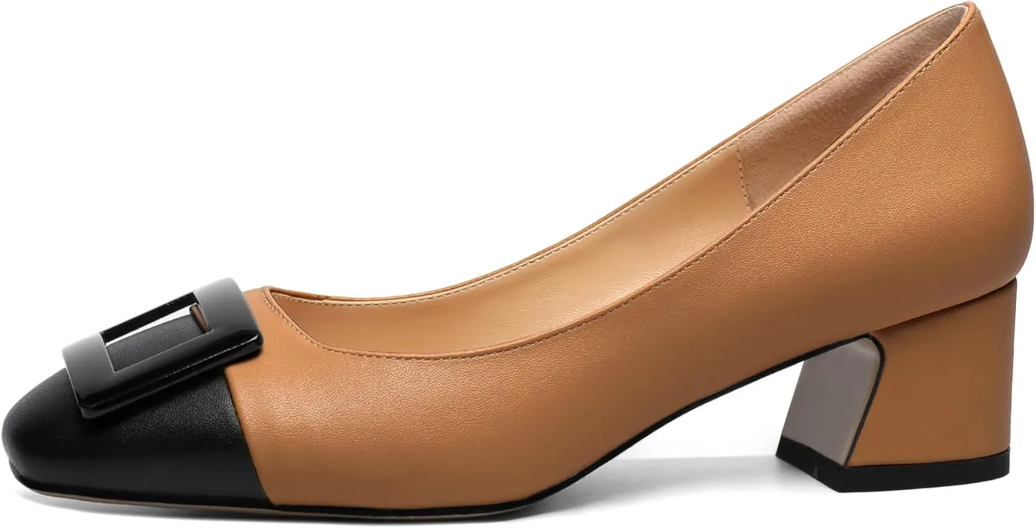 Zamikoo Women's Square Toe Block Heel Pumps with Buckle, Slip On Chunky Low Heels, Comfortable 2 Inch Heeled Dress Shoes with Checkered Pattern for Office Wedding Event