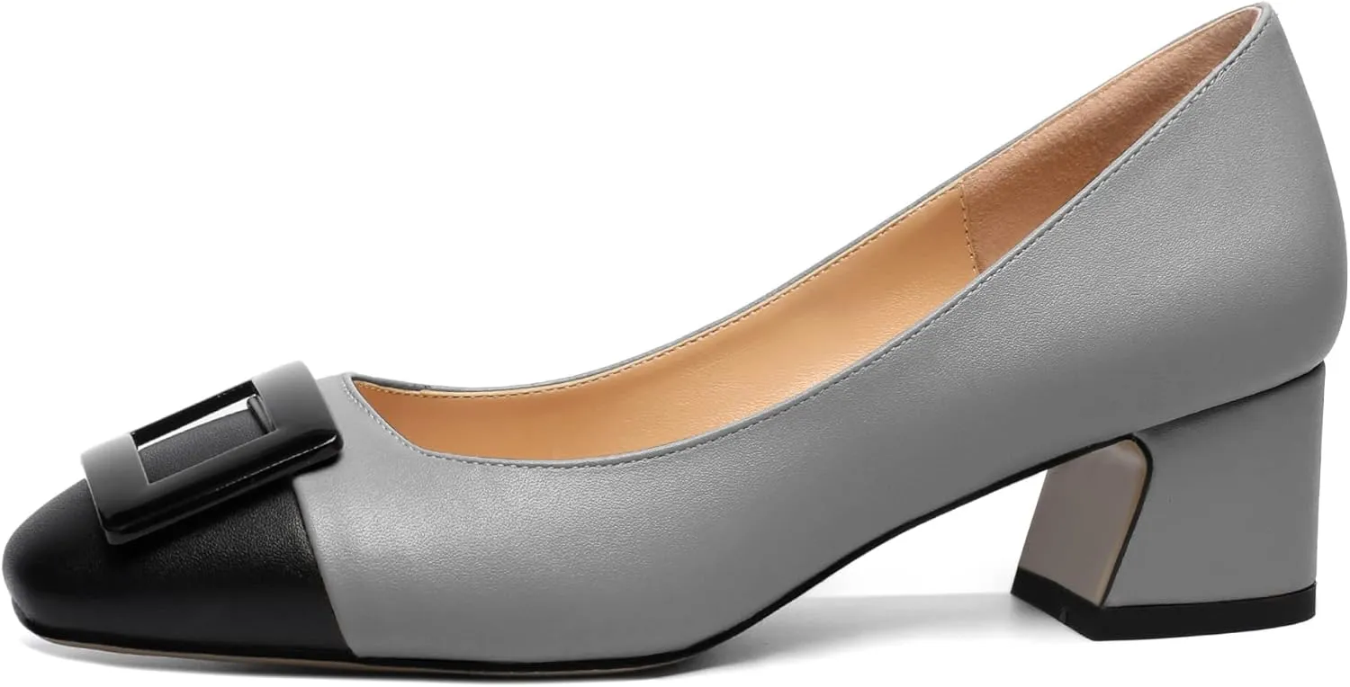Zamikoo Women's Square Toe Block Heel Pumps with Buckle, Slip On Chunky Low Heels, Comfortable 2 Inch Heeled Dress Shoes with Checkered Pattern for Office Wedding Event