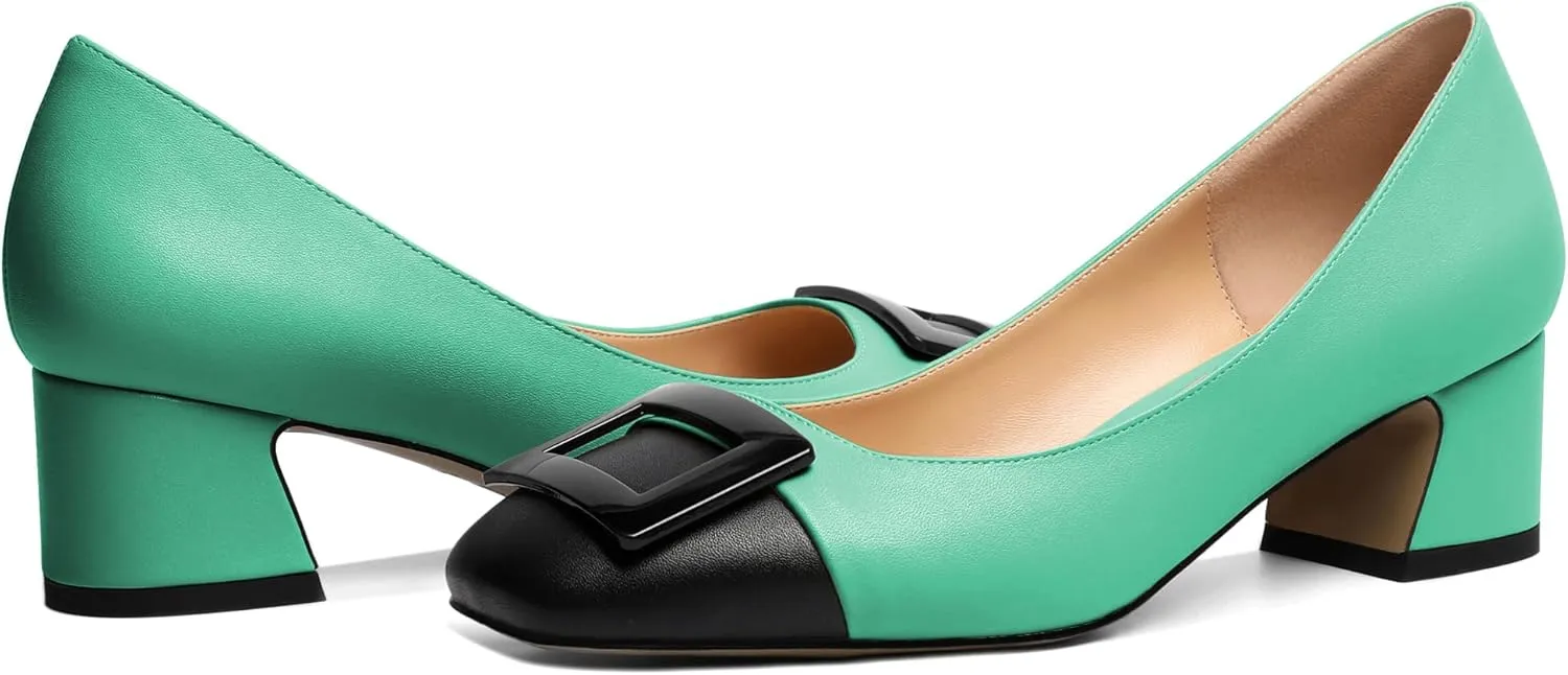 Zamikoo Women's Square Toe Block Heel Pumps with Buckle, Slip On Chunky Low Heels, Comfortable 2 Inch Heeled Dress Shoes with Checkered Pattern for Office Wedding Event